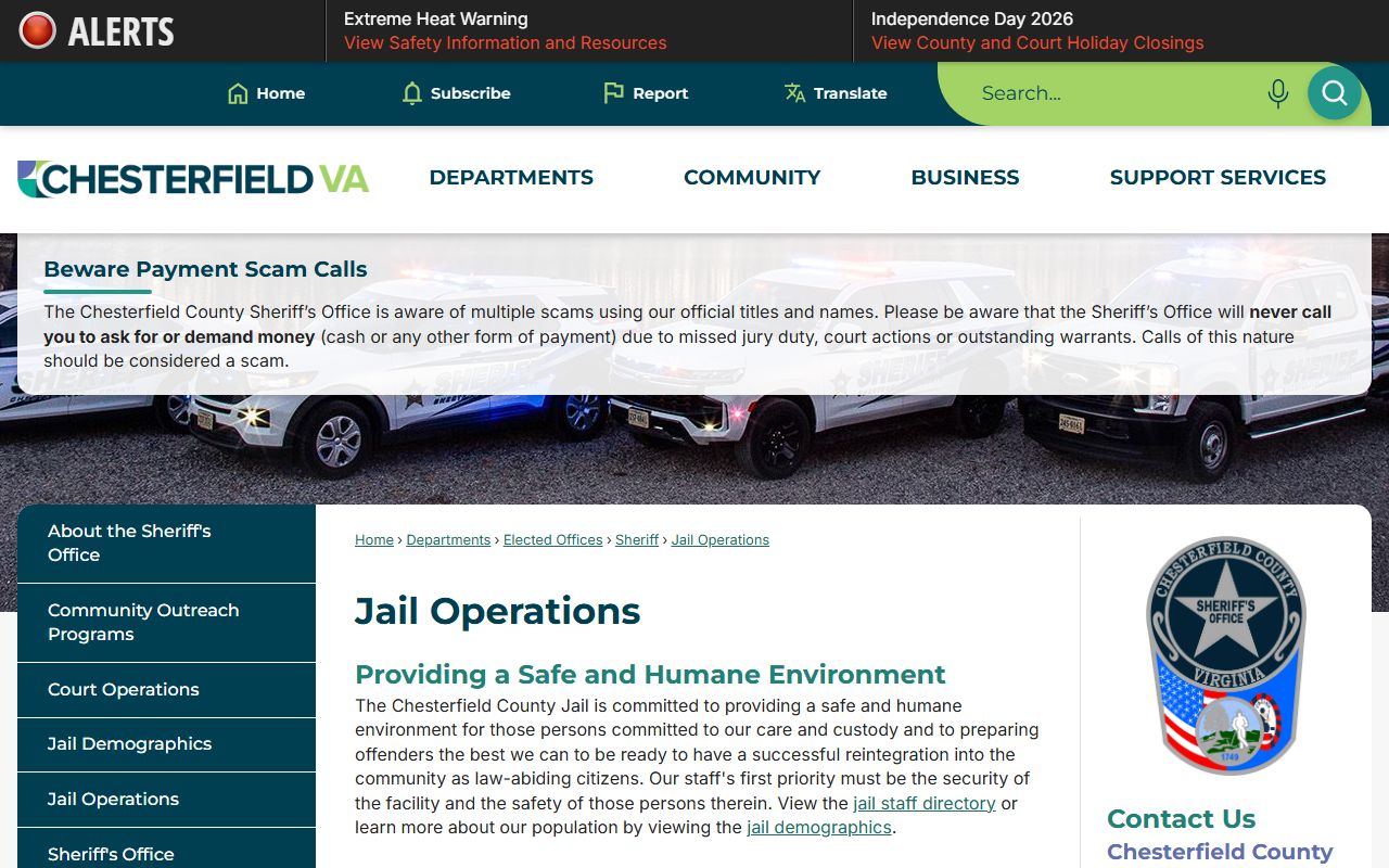 Chesterfield County Jail inmate operations page